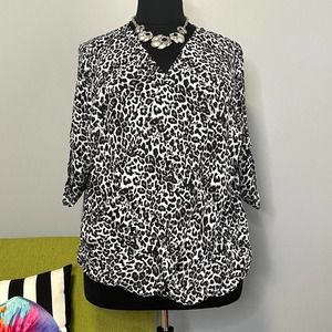 Como Blu Grey Black Leopard Animal Print Draped Front Blouse Top 2X